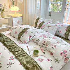 Yickyue Flower Series Double Gauze Bedding Sets 4pcs Comforter Bedding Sets Skin Friendly Fabric Quilt Cover Set for Single Double Bed