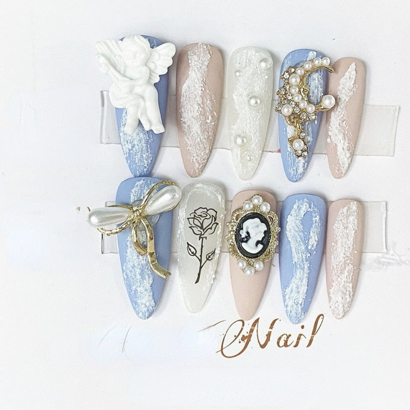 Rose Angel Design Y2K Press On Nail Coffin Fake Nails With Glue Reusable Handmade Stiletto False Nails Tips Art DIY Manicure