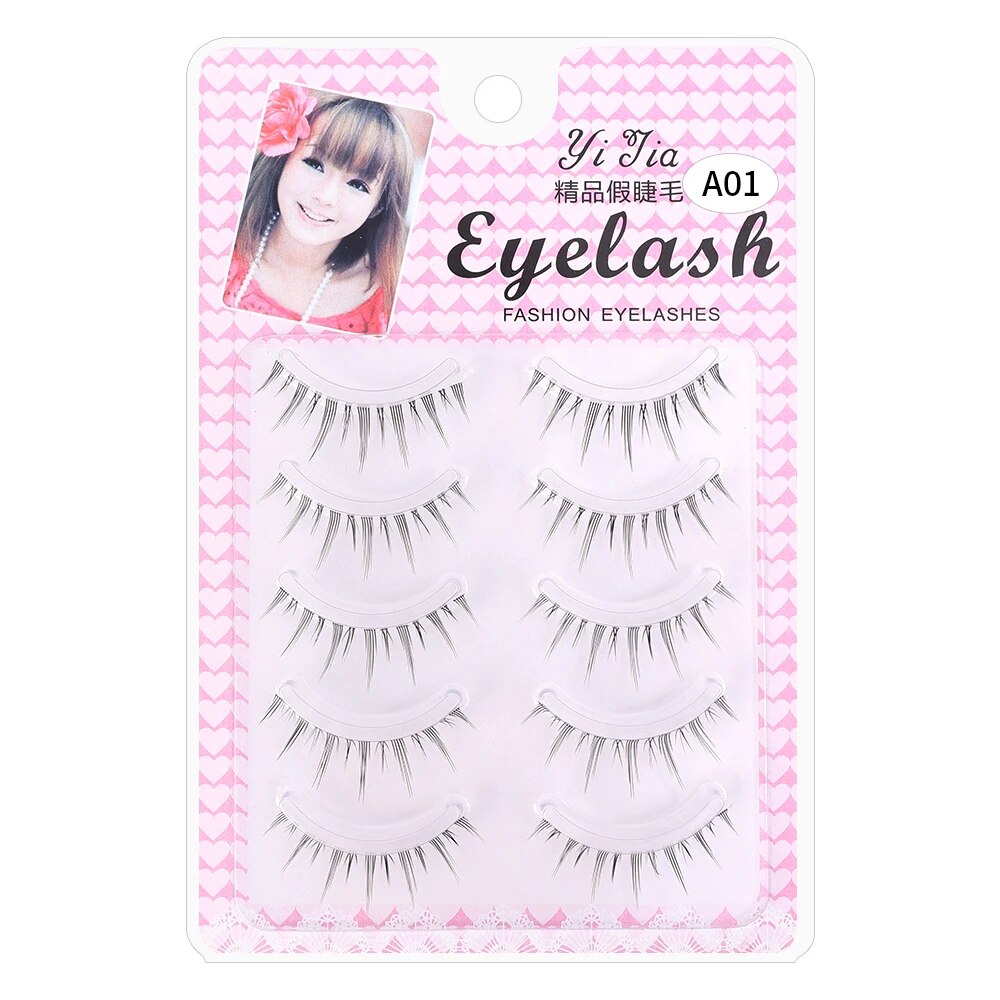 Yickyue 5 Pair Natural Manga False Eyelashes Transparent Band Lashes Handmade Eyelash Cosplay Korean Fashion Wispy Extension Makeup Tool