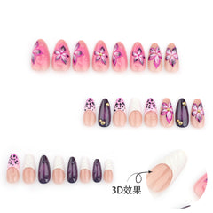 YICKYUE   -  24pcs 3D Purple Devil's Flower Design False Nails Ins Handmade Almond Shaped Fake Nail Tips Wearable French Press on Nails