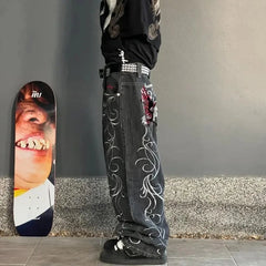Hearujoy  90s Streetwear Vintage New Fashion Harajuku Pattern Black Embroidered Baggy Jeans Y2K High Street Casual Gothic High Waisted Wide Leg Trousers
