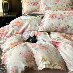 Yickyue  Flower Printed Bedding Set Soft Bedroom Decor Comforter Luxury Duvet Cover Set Pillowcase Bed Sheet Washed Cotton Four Piece Set