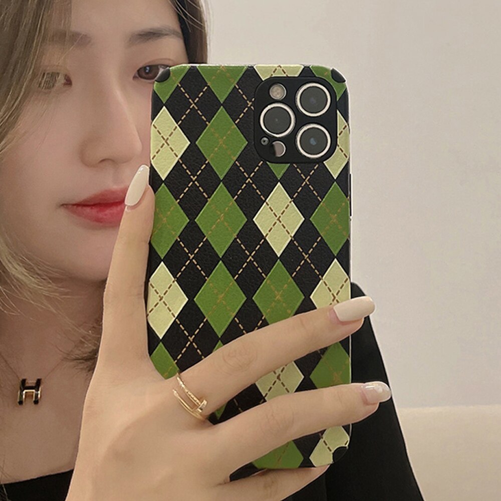 Retro green lattice leather soft silicone phone case for iphone 7 8 plus x xr xsmax 12 mini 11 13 pro max protective cover
