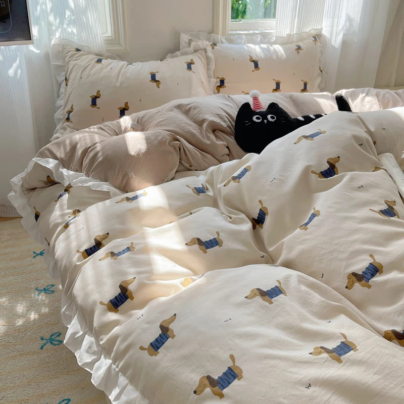 YICKYUE  -  Blue Floral Ruffle Duvet Cover Set Queen Flower Leaf Comforter Covers 4Pcs Soft Luxury Pastoral Garden Washed Cotton Bedding Set