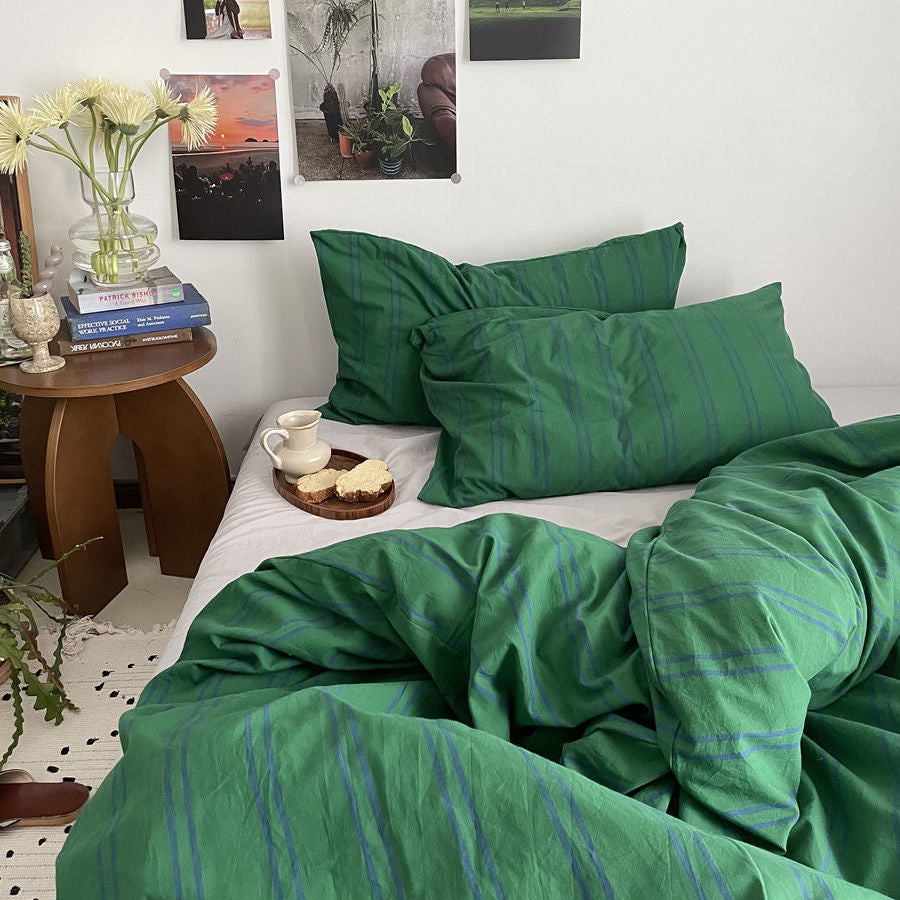 YICKYUE  -  100%Cotton Stripe Pattern  Bedding Set Water Wash Simple Japanese Men's Room Student Dormitory Master's Room Single/Twin/Queen