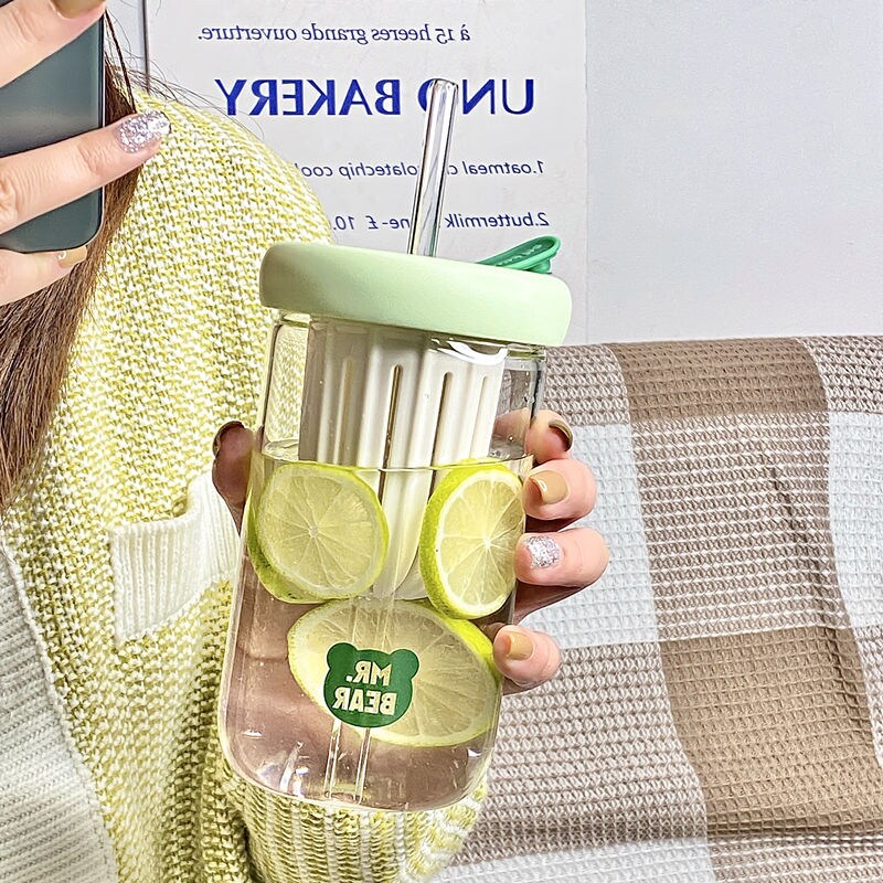 Yickyue Cups and Mugs Coffee Glass Cup Kawaii Glasses Transparent Goblet Mug Drinking Set Lid Straw Drink Ware Cute Go Bubble Tea Dining