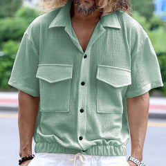 Hearujoy Vintage Mens Bubble Shirts Multi Pocket Short Sleeve Tops Summer Loose Casual Cardigan Cargo Polo Shirt Clothing Streetwear