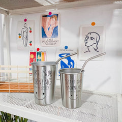 Korean style simple and lovely smile stainless steel water cup retro industrial style cup cold drink juice coffee cup
