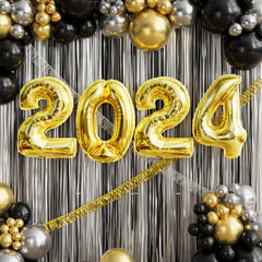 YICKYUE  -  Happy New Year Eve Party Decorations Black Silver Fringe Curtain Backdrop Golden Balloons 131PCS Balloons Garland Arch Kit