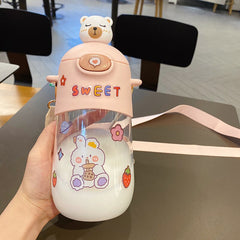 Cute Bear Water Bottle With Straw Sticker For Girls Kids Kawaii Plastic Milk Cartoon Juice Portable Drinking Cup BPA Free 500ml