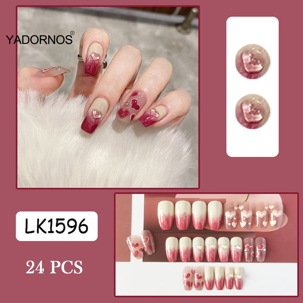 Press On Nail Tips Gradient Heart Sweet Full Cover Fake Nail Tips For Women Girl 24pcs Artificial Nails Jelly Gel Wholesale Item