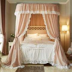 YICKYUE -  Nostalgia Linen Princess Bed Valance Bed Curtain U- Shape Rail Three Doors Mosquito Net Double Bed Mantle Bedroom Decoration