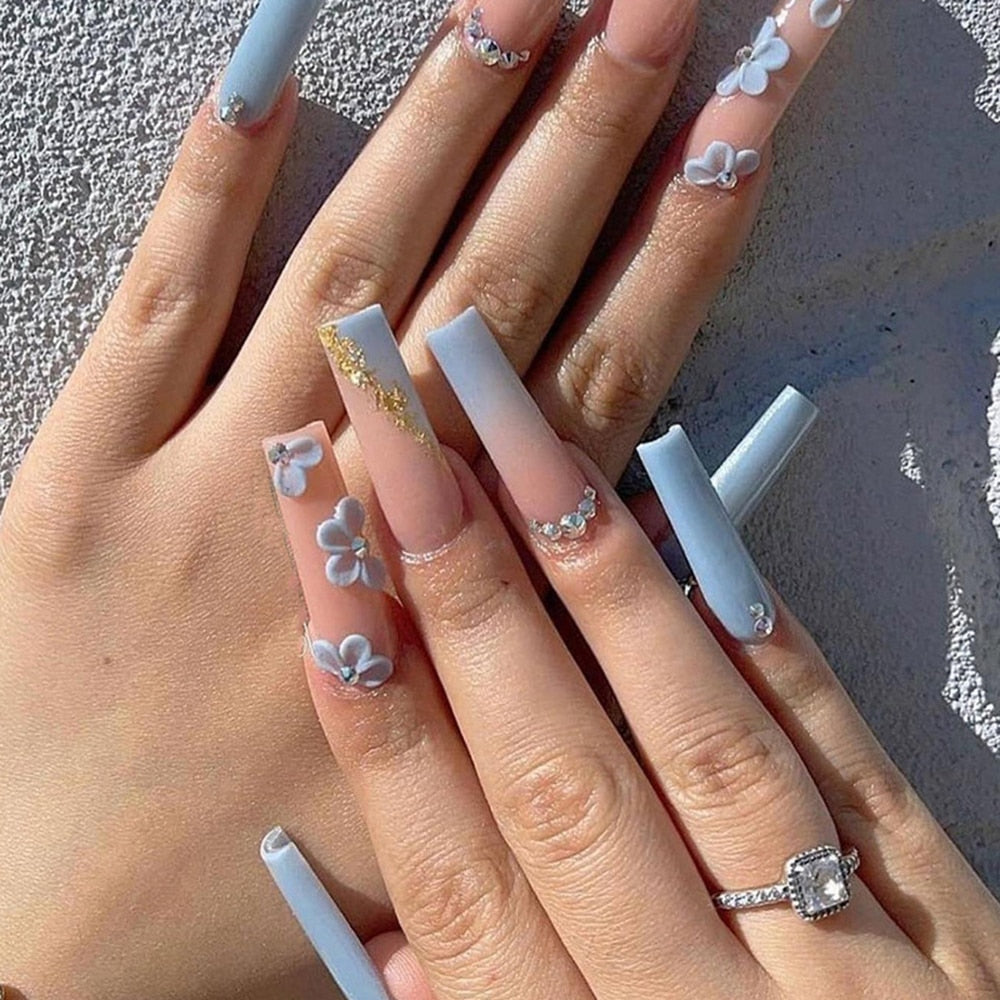 24Pcs Extra Long French False Nail Tips Butterfly Glitter Fake Nail Full Coverage Nail Art Pearl Heart Manicure Tools