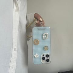 YICKYUE  -  Korean Ins Blue grid pattern 3D Gemstone Pearl Flower Bracelet Phone Case for iPhone 16 15 14 13 Pro Max Back Cover Fund
