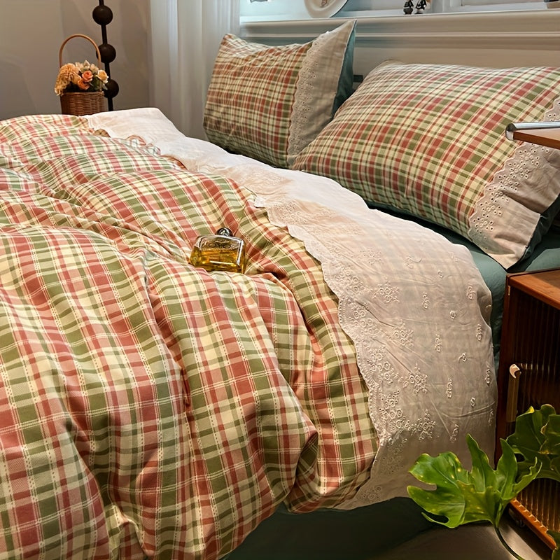 YICKYUE  4pcs Bedding Set 1 Quilt Cover + 2 Pillowcases + 1 Bed Sheet Combination Plaid Pattern Chemical Fiber Fabric Lace Craft Soft And Skin-Friendly Spring And Summer Seasons Does Not Include Quilt Core Does Not Include Pill