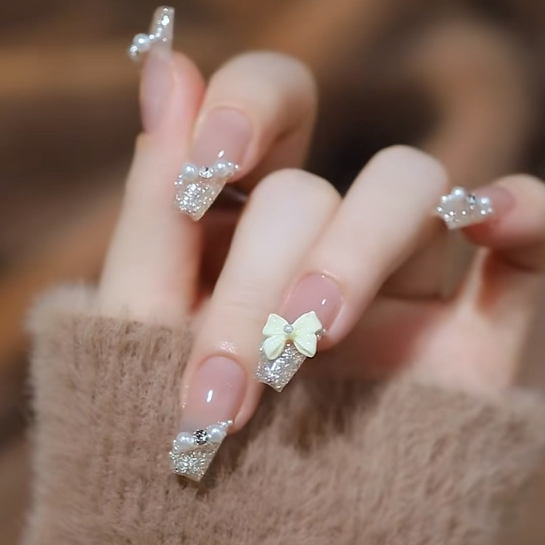YICKYUE  -  24Pcs Yellow French Fake Nails Long Coffin False Nails with Rhinestones Detachable Ballerina Full Cover Nail Tips Press on Nails