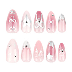 YICKYUE  -  24pcs Sliver Star Printed Press on Nails Pink White Y2k Almond False Nails Patch Ins Fashion Sweet Girl Fake Nails Tips Wearable