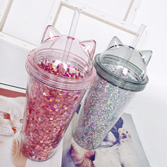Sequined Cat Ear Plastic Cups BPA Free Water Bottle with Straw Flash Film Double-Layer Straw Cup Reusable Tumbler Cup Coffee Mug