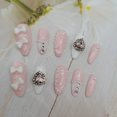 Yickyue Handmade Custom Made False Nail Art With Pearls And Nows Wearable Nail Pink Almond Style Section Patch Removable Girl Fake Nail
