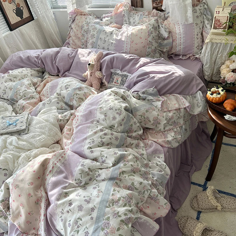 YICKYUE  -  3/4Pcs Korean Princess Style Floral Ruffles Bedding Set Skin-friendly Soft Duvet Cover Set Bed Sheet Or Bed Skirt Pillowcases