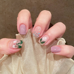 24pcs Short False Nails White Rose Green Leaves Designs Ballerina Art Fake Tips Press On Artificial Full Cover Nails Manicure