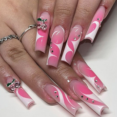 YICKYUE  -  Pink Peach Heart Strawberry Handmade Press on Nails Wearing Armor Bow Bear Camellia Cherry French Cute Nail Art