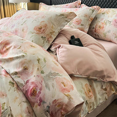 Yickyue  Flower Printed Bedding Set Soft Bedroom Decor Comforter Luxury Duvet Cover Set Pillowcase Bed Sheet Washed Cotton Four Piece Set
