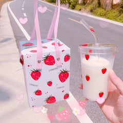 Kawaii Strawberry Glass Cup With Straw Ins Summer Transparent Water Glass Student Straw Cup Cute Breakfast Milk Coffee Cups
