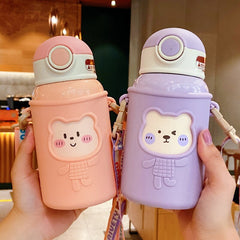 Cute Bear Stainless Steel Insulated Water Bottle Thermos With Strap Straw Cover For Children Girl School Tea Drinking Cup Gift