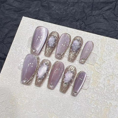 YICKYUE  -  10Pcs Naked Cat Eye Press On Nails Laser Butterfly Decoration Fake Nails Short Full Cover False Nail Wearable Manicure Nail Tips