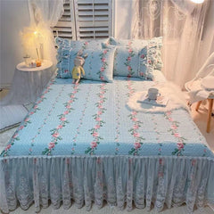 French elegant Princess style Ruffle Lace Bed Skirt Pillow shams soft 100%Cotton Farmhouse Floral Quilted Bedspread 3/5pcs