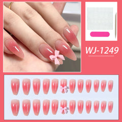 YICKYUE  -  24pcs of almond pointed nail powder blusher bow false nail piece nail enhancement, including 1 piece of jelly glue and 1strip