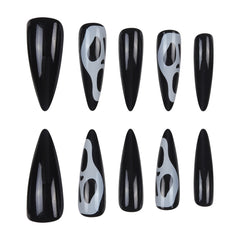 YICKYUE  -  24pcs Halloween Long Stiletto Black Fake Nails Set Press On Almond Nails Full Cover False Nails with White Ghost Design Finished