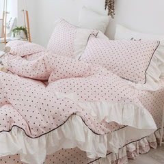 Yickyue Luxury Princess Style 100% Cotton Bedding set Ruffles Duvet Cover Black Dot Flat Pillowcases 4pcs For Girls Bed Set