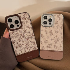 YICKYUE  -  Retro Art Full Screen Brown Flowers Splicing Leather Phone Cover Case for iPhone 16 15 14 13 12 11 Pro Max Plus
