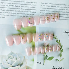 24pcs/box Pink Transparent False Nails Gold Bronzing Decoration Rhinestones Decoration Girl Press On Nails Short Nail Extension