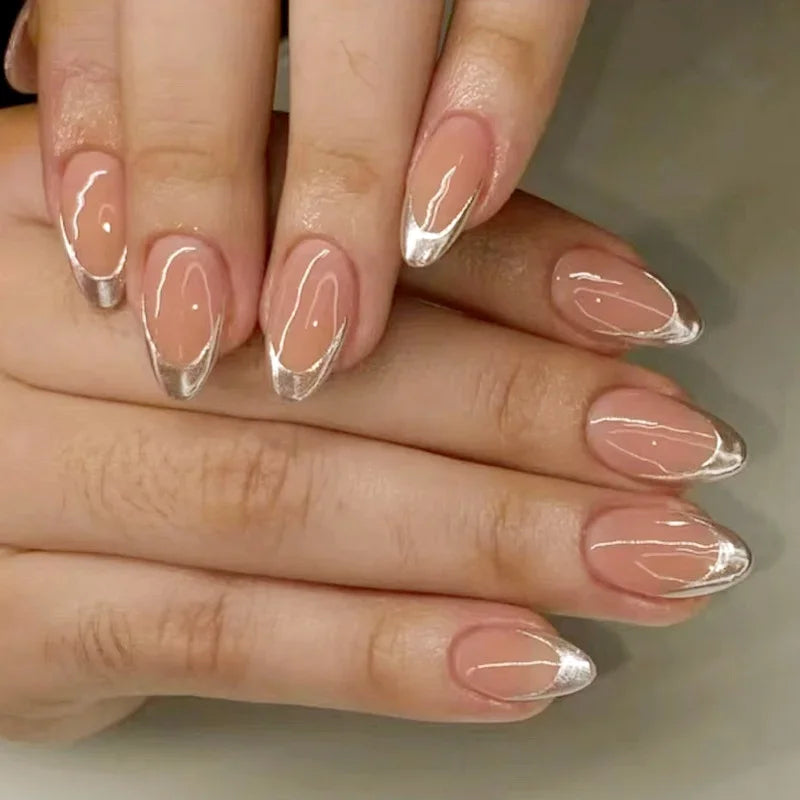 YICKYUE  24Pcs Pink Almond Press-On Nails Glossy Sweety Heart Patterns False Nail Tips with Cat Eye, Mirror Disign for Women&Girls Wear