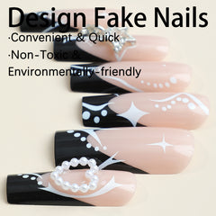 YICKYUE  -  24Pcs Fake Nails with Star Rhinestone Pearl Design Press on Fingernails Tips Full Cover Wearable Artificial Acrylic Nail Tips