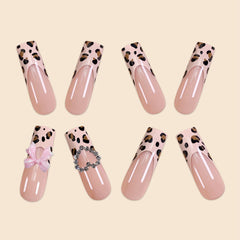 YICKYUE  -  Luxury Ladies 24Pcs/Set Super Long Square French Leopard Print Pink Bow Heart Decoration Wearable Fake Nail  Press on Nail Art