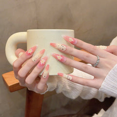 YICKYUE  -  10Pcs Almond Long Stiletto Handmade Press on Nails Pink Flower Fake Nails Wearable Nails False Nail Wearable Manicure Nail Tips