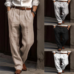 Hearujoy Mens Linen Pleated Pants Front Pockets Straight Cotton Blend Long Trousers Spring Summer Holiday Fashion Loose Pant Oversized