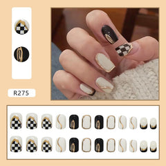 24Pcs Shiny Short Square False Nail With Sticker Black n White Lattice Artificial Fake Nails DIY Full Cover Tips Manicure Tool