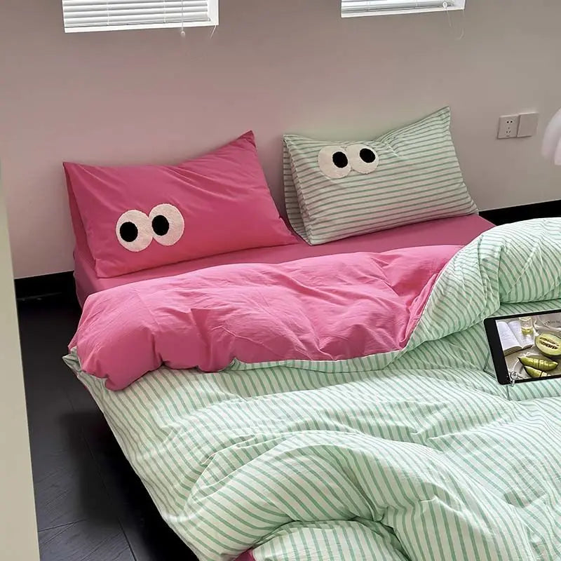YICKYUE  -  Korean Duvet Cover Set No Filler Pink Green Strips Cute Eyes Flat Sheet Pillowcase Single Double Size Boys Girls Bed Linen