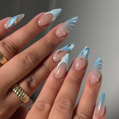YICKYUE  -  24pcs Ocean Fake Nails Long Almond Head Press On Nails Y2k False Nails 3D Crystal Stripe Decor Wearable Blue Gradient French Tip