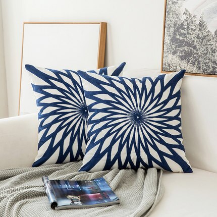 J Home Decor Embroidered Cushion Cover Navy Blue/White Geometric Floral Canvas Cotton Suqare Embroidery Pillow Cover 45x45cm