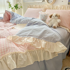 YICKYUE  -  Korean Princess Style Washed Cotton Soft Bedding Set Pink Blue Black Green Lattice Lace Ruffles Duvet Cover Set With Pillowcases