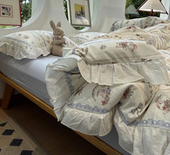 YICKYUE  -  Romantic rabbit flower bow blue bedding set,twin full queen king floral cotton home textile bed sheet pillow case quilt cover