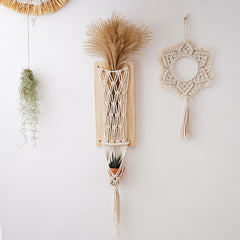 Air Plant Hanger Macrame Wall Hanging Boho Wall Plant Flowers Holder Wooden Shelf Home Decor for Farmhouse Garden Decoration