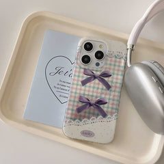 YICKYUE   -  Ins Purple Bowknot Check Phone Case For Iphone 16ProMax 15Pro 13ProMax 16 13 14 15 Pro Max 15ProMax 14Pro Lace Points Cover