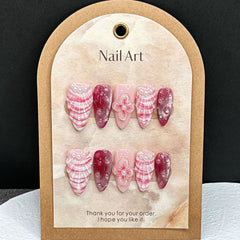 YICKYUE   -  10pcs Handmade Press on Nails Ins 3D Flower Shell Design False Nail Full Cover Wearable Pink Cat Eye French Almond Fake Nails